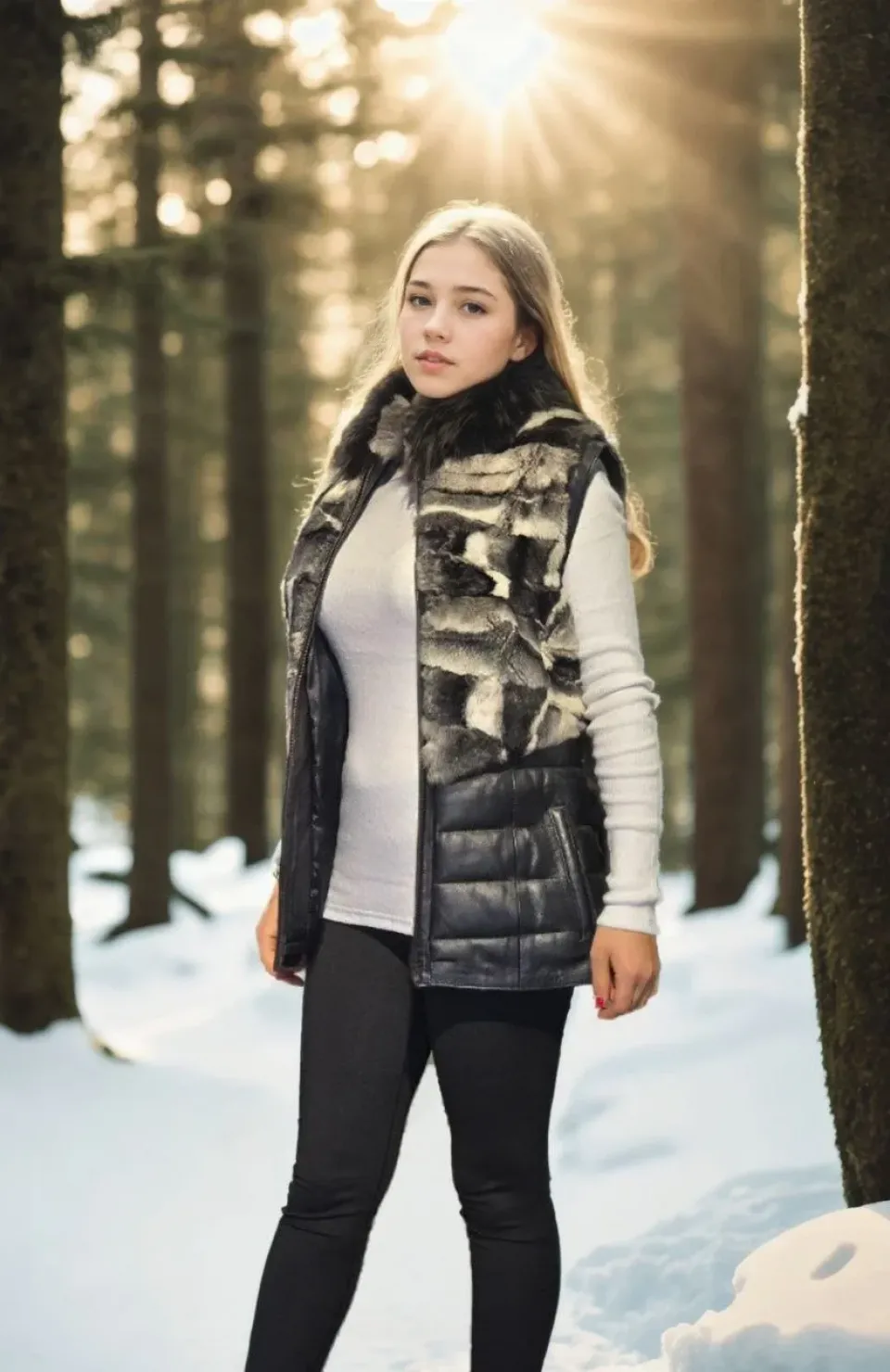 Kadın Kolsuz Hakiki Deri Kürk - Siyah