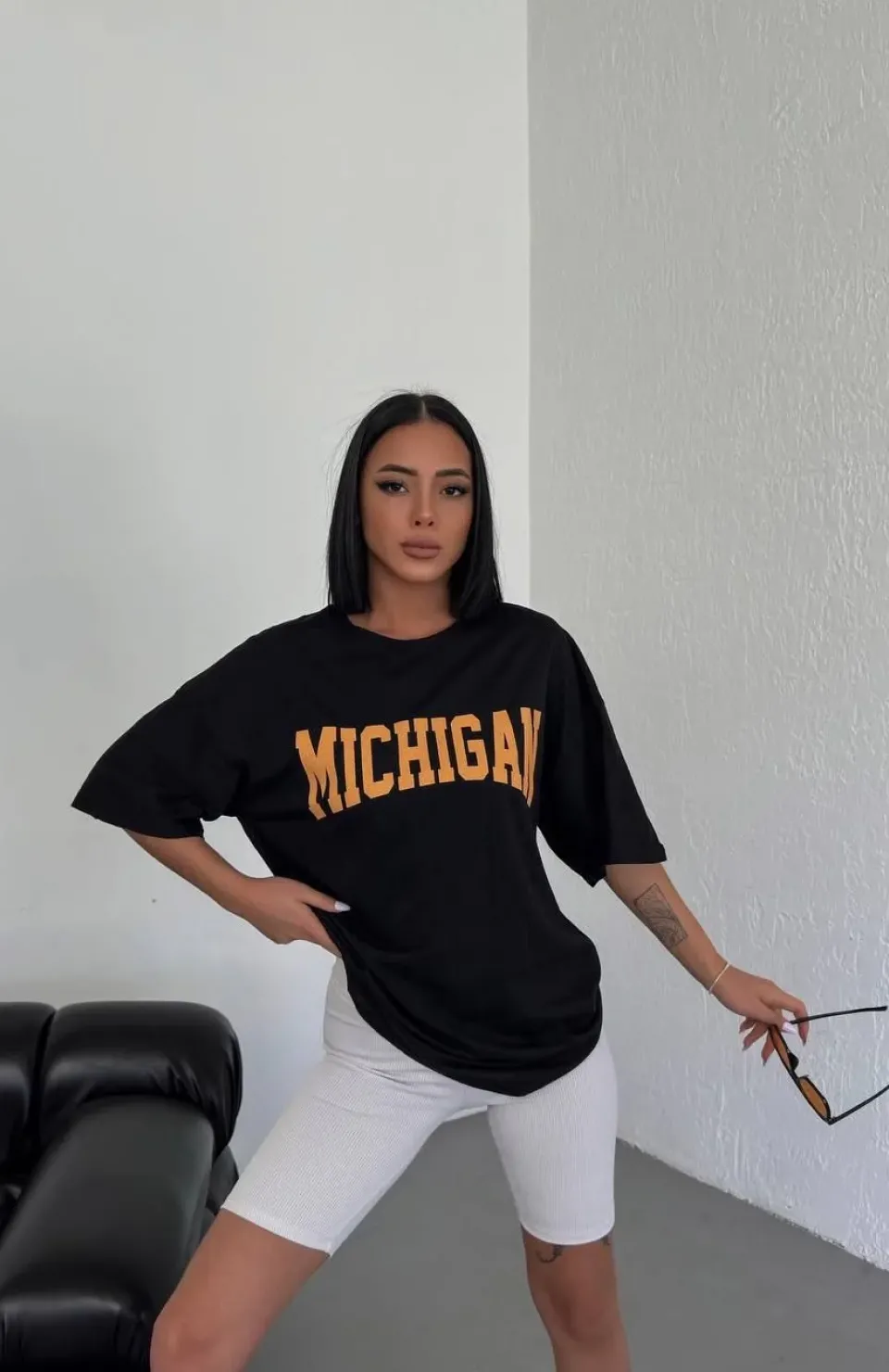 Unisex Bisiklet Yaka Baskılı Oversize T-Shirt - Siyah