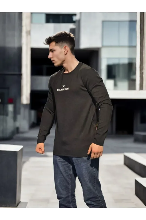 Unisex Bisiklet Yaka Uzun Kollu T-Shirt - Siyah