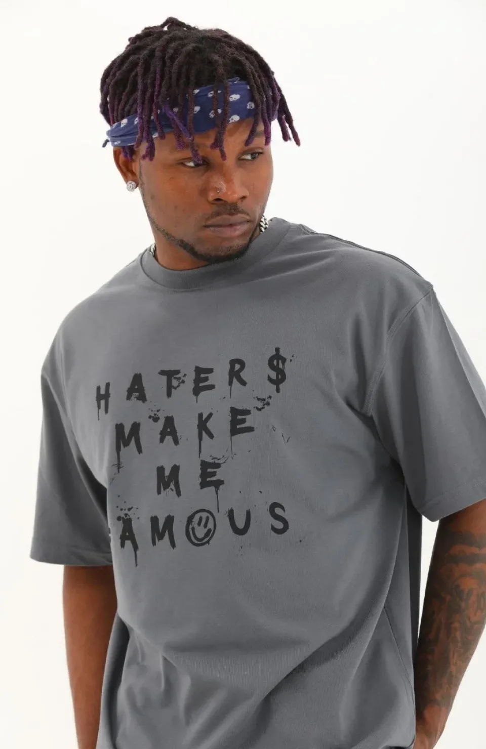 Unisex Oversize Baskılı Bisiklet Yaka T-Shirt - Füme