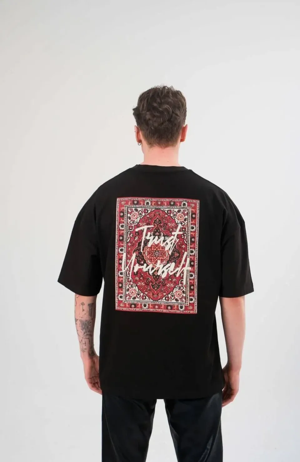 Unisex Bisiklet Yaka Baskılı Oversize T-Shirt - Siyah