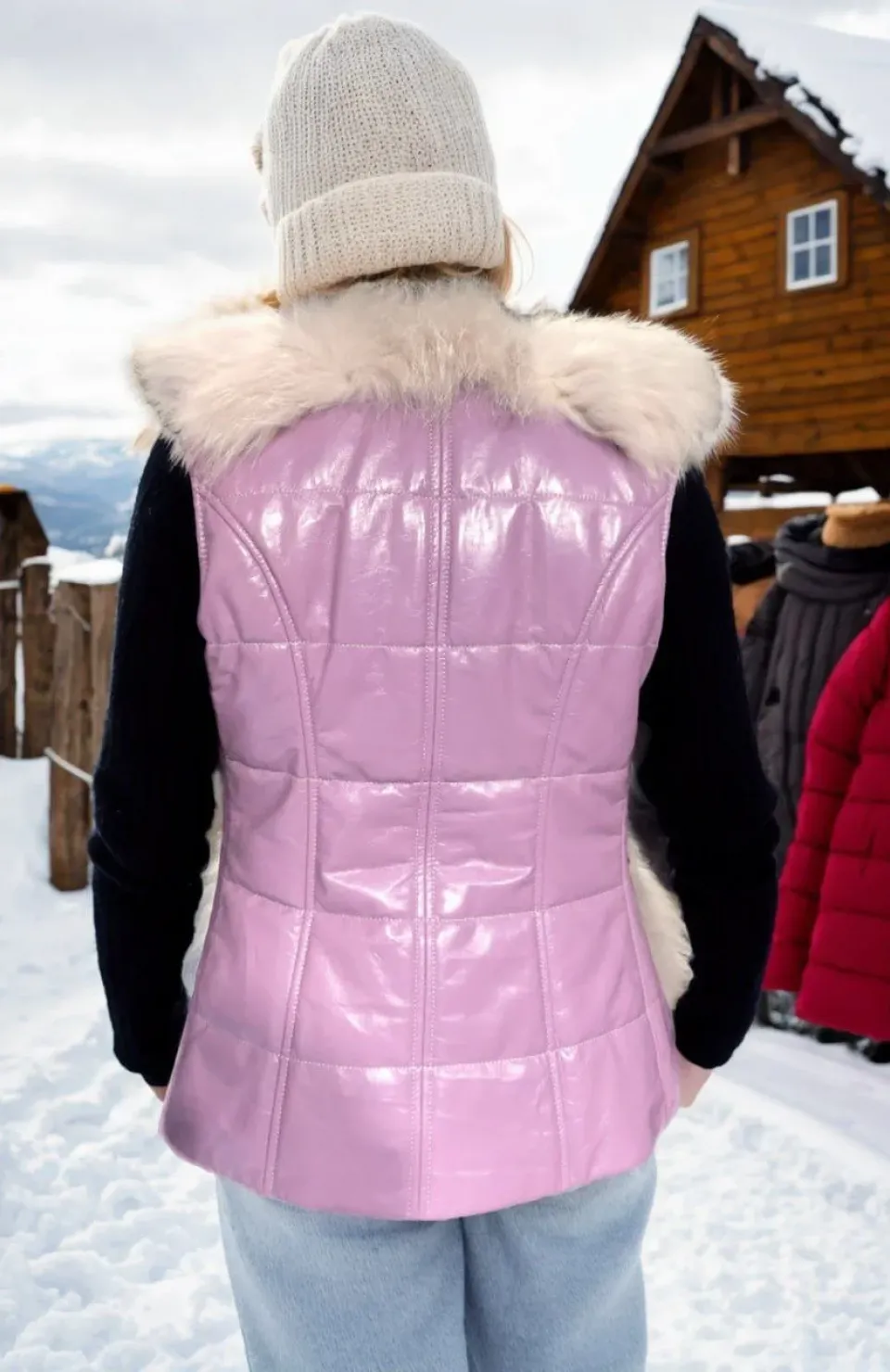 Kadın Fermuarlı Koyun Derisi Tilki Kürkü - Beyaz