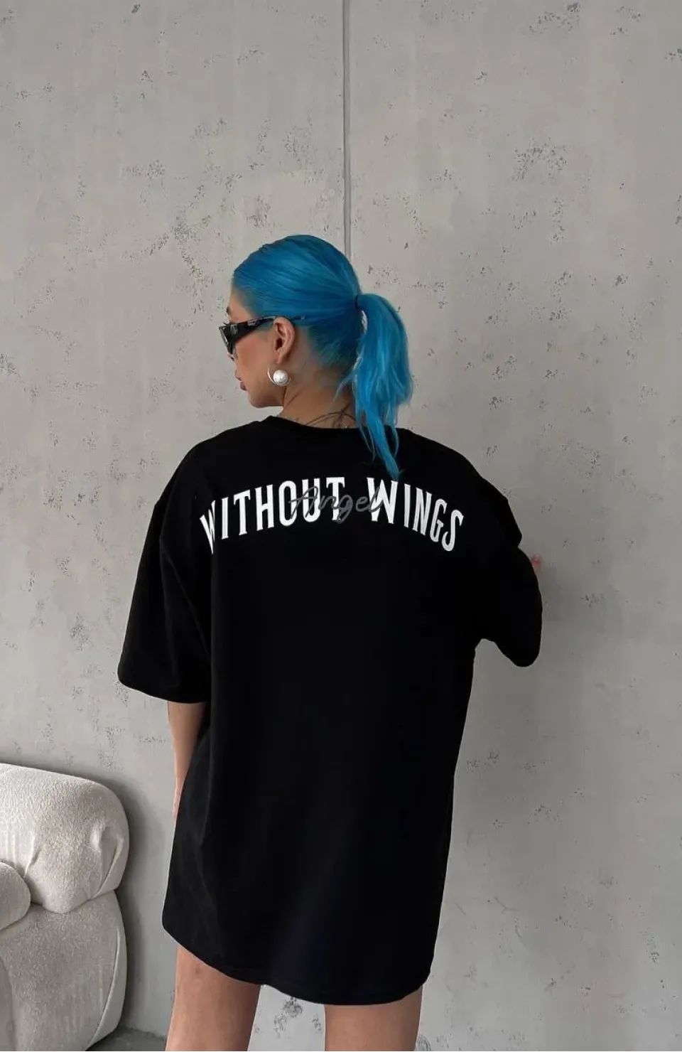 Unisex Bisiklet Yaka Baskılı Oversize T-Shirt - Siyah