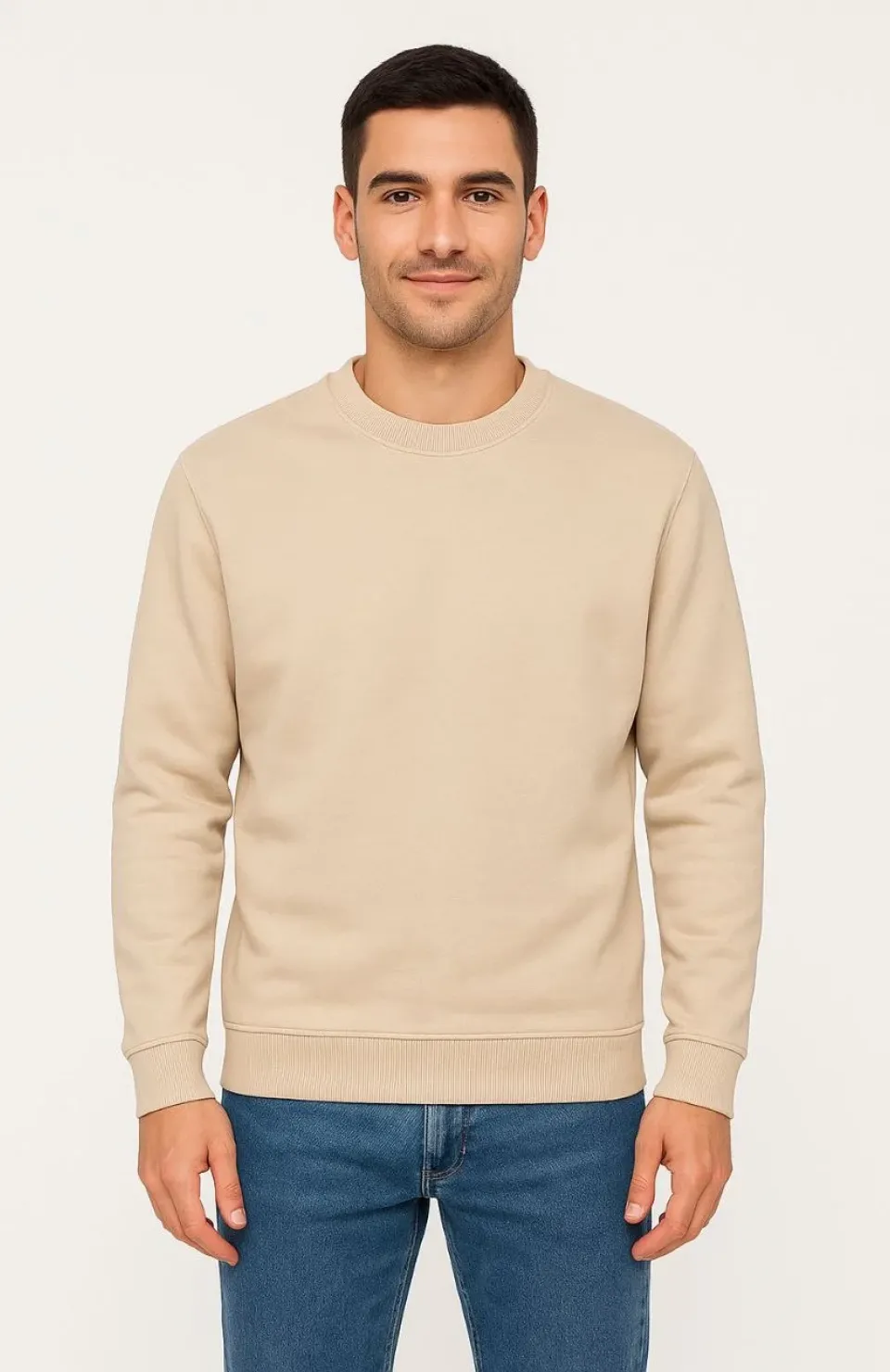 Erkek Üç İplik Düz Bisiklet Yaka SweatShirt - Bej
