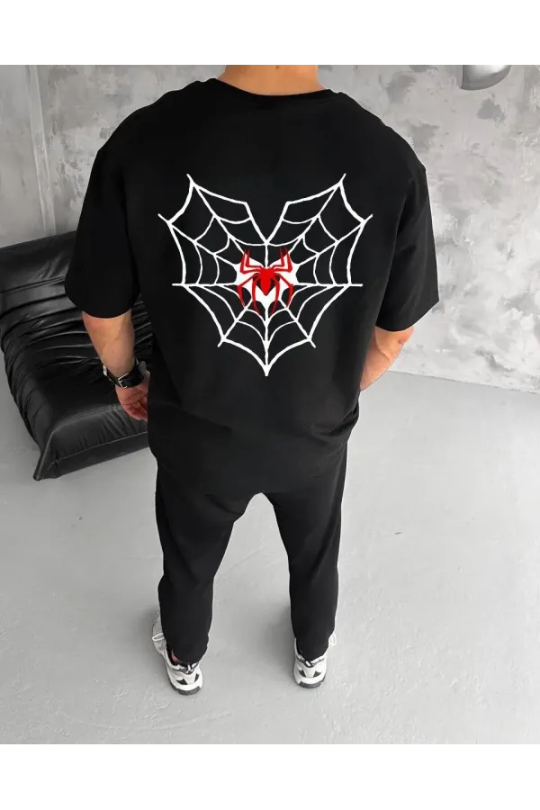 Unisex Bisiklet Yaka Baskılı Oversize T-Shirt - Siyah