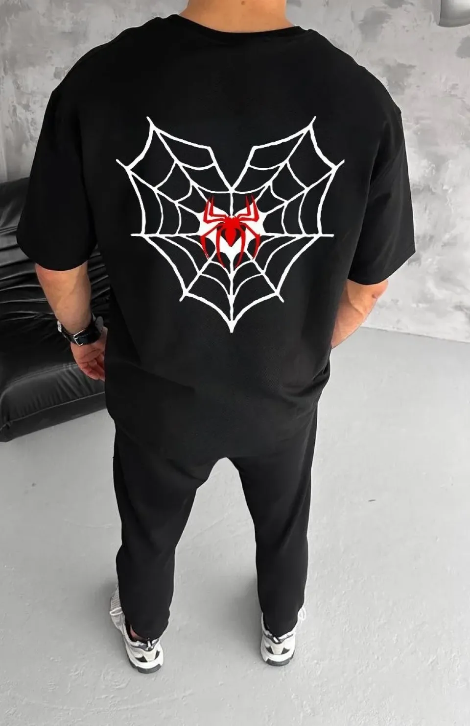 Unisex Bisiklet Yaka Baskılı Oversize T-Shirt - Siyah