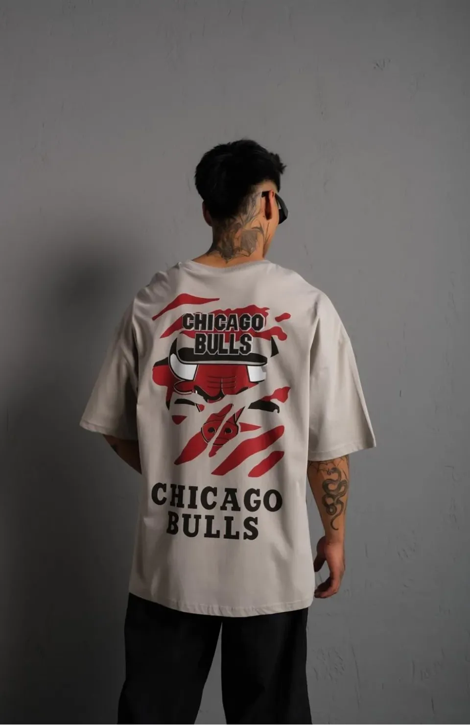 Erkek Sırt Baskılı A Kalite Oversize T-shirt - Gri