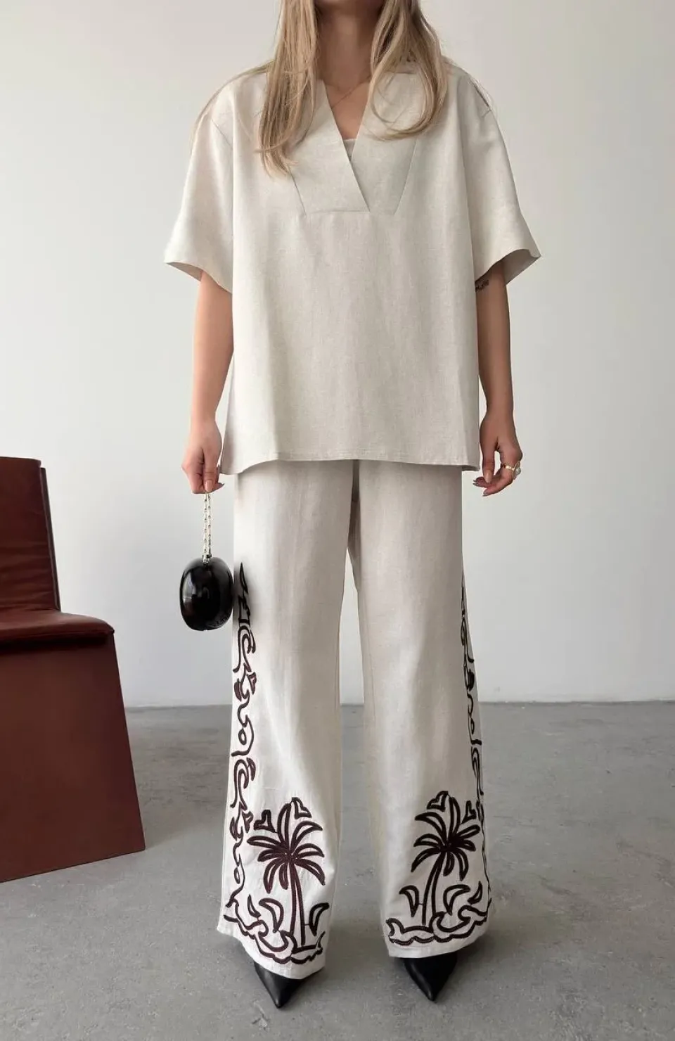 Keten Kısa kolu V Yaka Bluz Pantolon ikili Takım- Beyaz