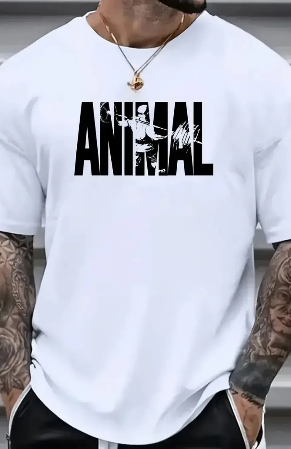 ANIMAL Desen Baskı Erkek Oversive Tişört, Grafik Tişört Erkek Yazlık Outdoor Kıyafetleri, Sporda ve Günlük Giyime Uygun - Beyaz