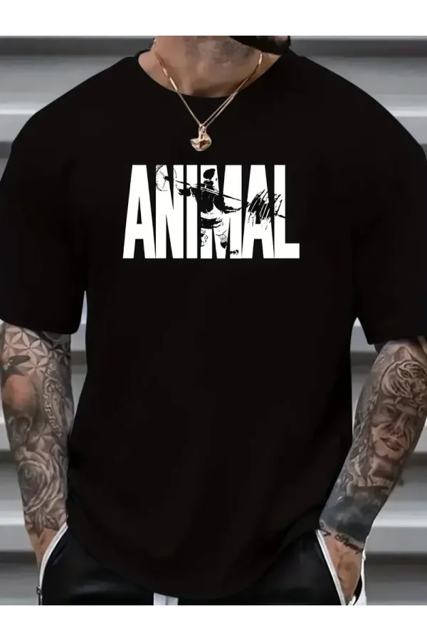 ANIMAL Desen Baskı Erkek Oversive Tişört, Grafik Tişört Erkek Yazlık Outdoor Kıyafetleri, Sporda ve Günlük Giyime Uygun  - Siyah