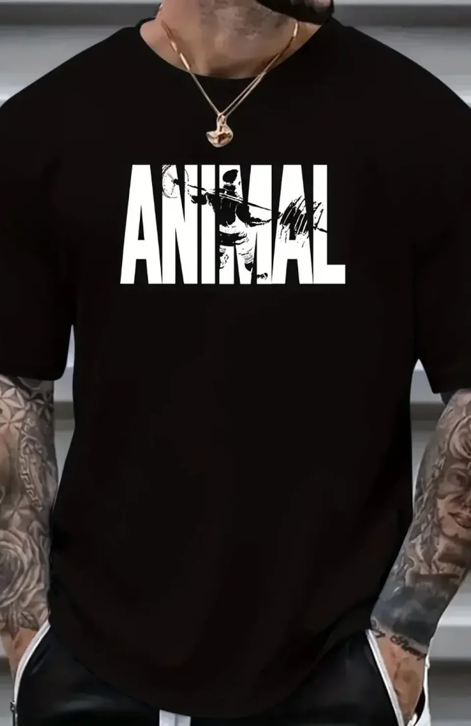 ANIMAL Desen Baskı Erkek Oversive Tişört, Grafik Tişört Erkek Yazlık Outdoor Kıyafetleri, Sporda ve Günlük Giyime Uygun  - Siyah