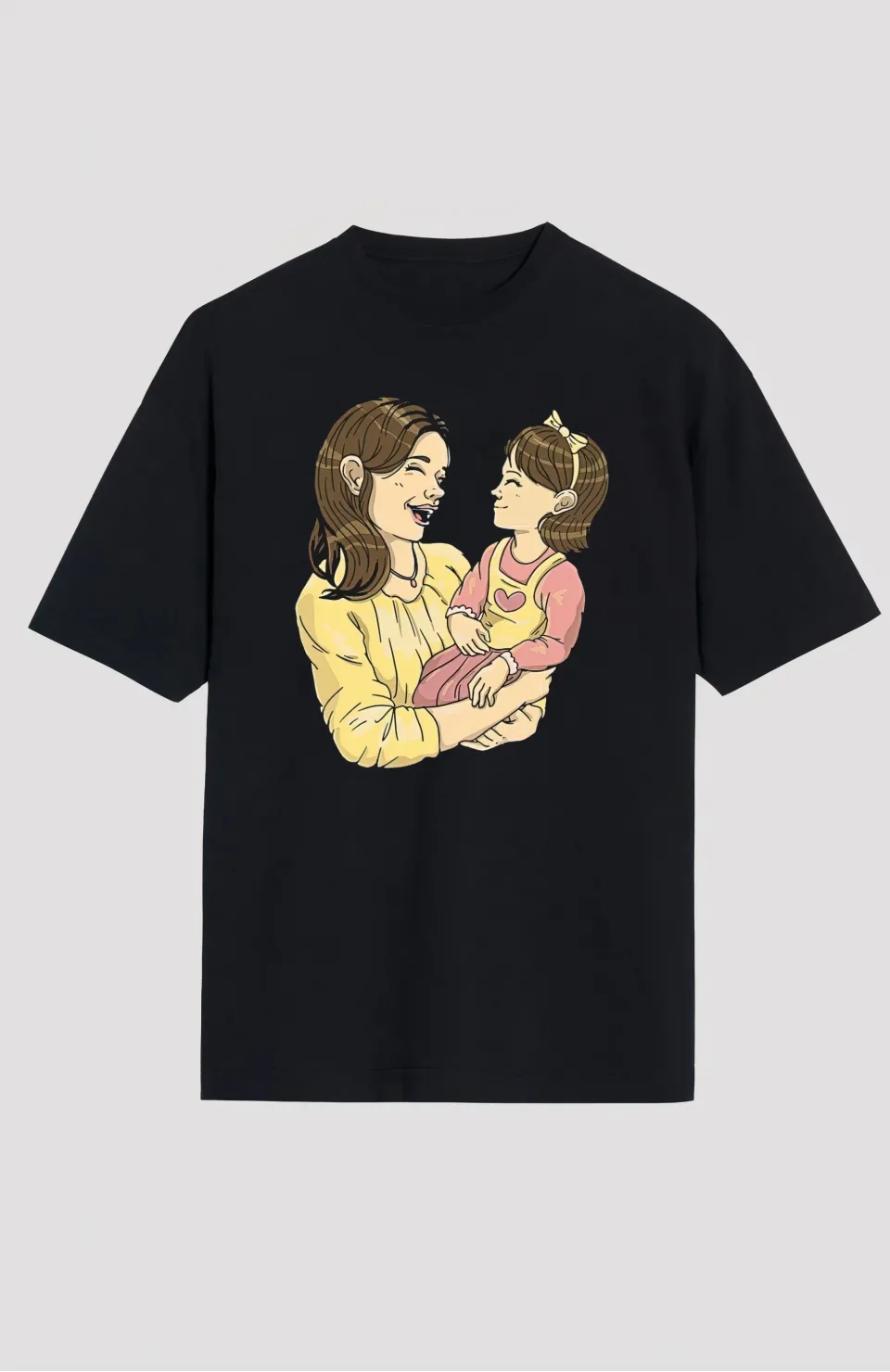 Anneler Gününe Özel Tasarım Anne Kız Baskılı T-shirt - Siyah