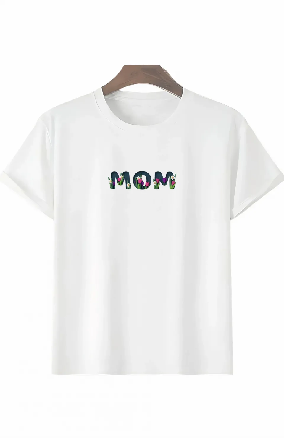 Anneler Gününe Özel Tasarım mom Çiçek Baskılı T-shirt - Beyaz