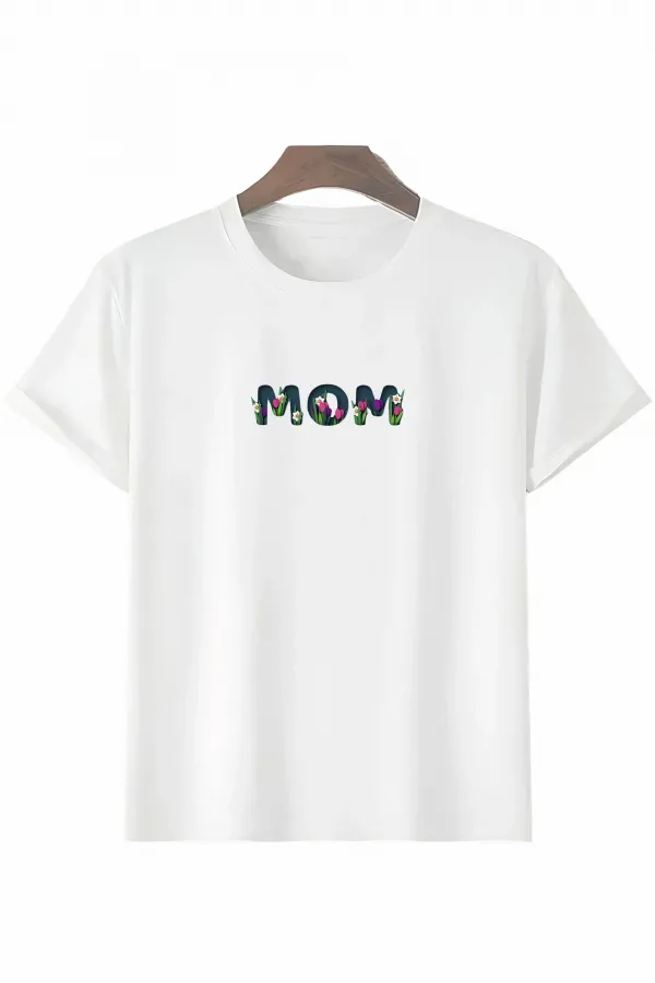 Anneler Gününe Özel Tasarım mom Çiçek Baskılı T-shirt - Beyaz