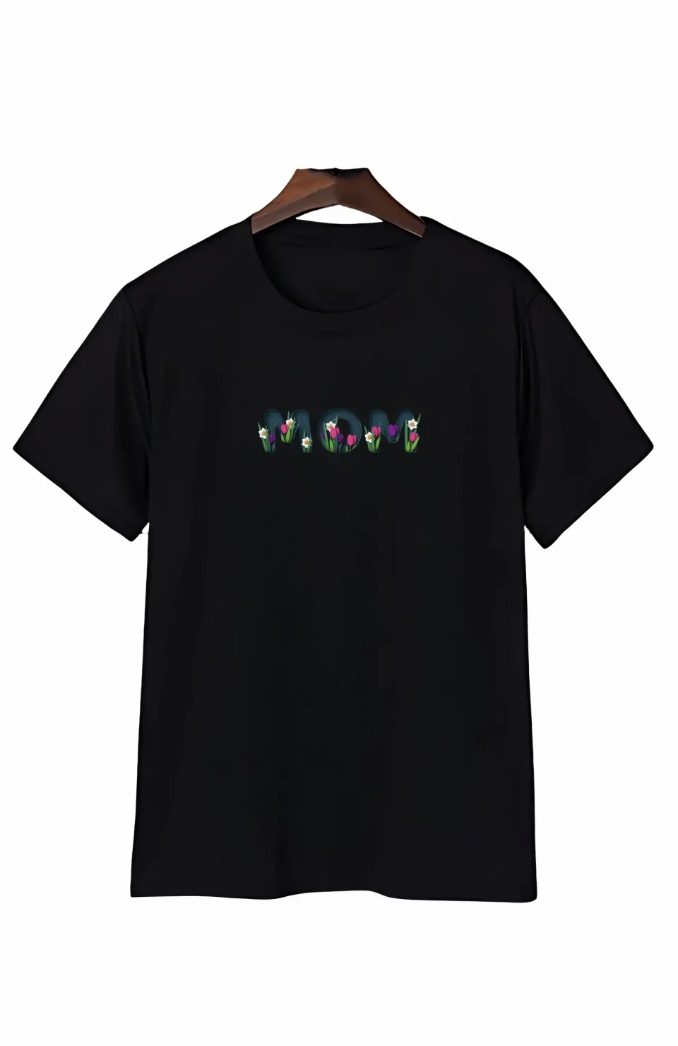 Anneler Gününe Özel Tasarım mom Çiçek Baskılı T-shirt - Siyah