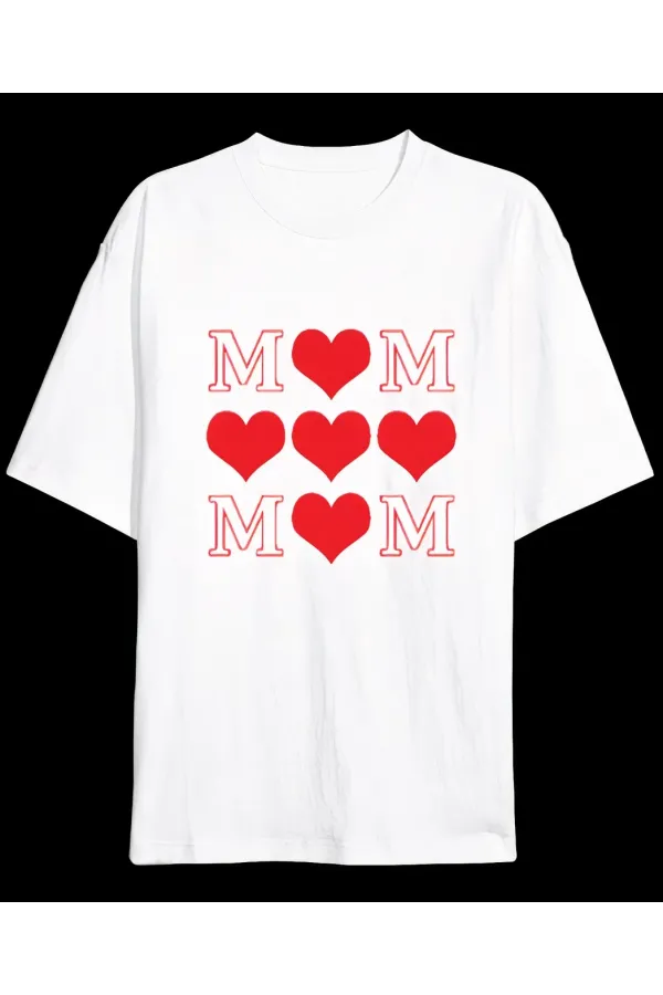 Anneler Gününe Özel Tasarım MOM Kalp Baskılı T-shirt - Beyaz