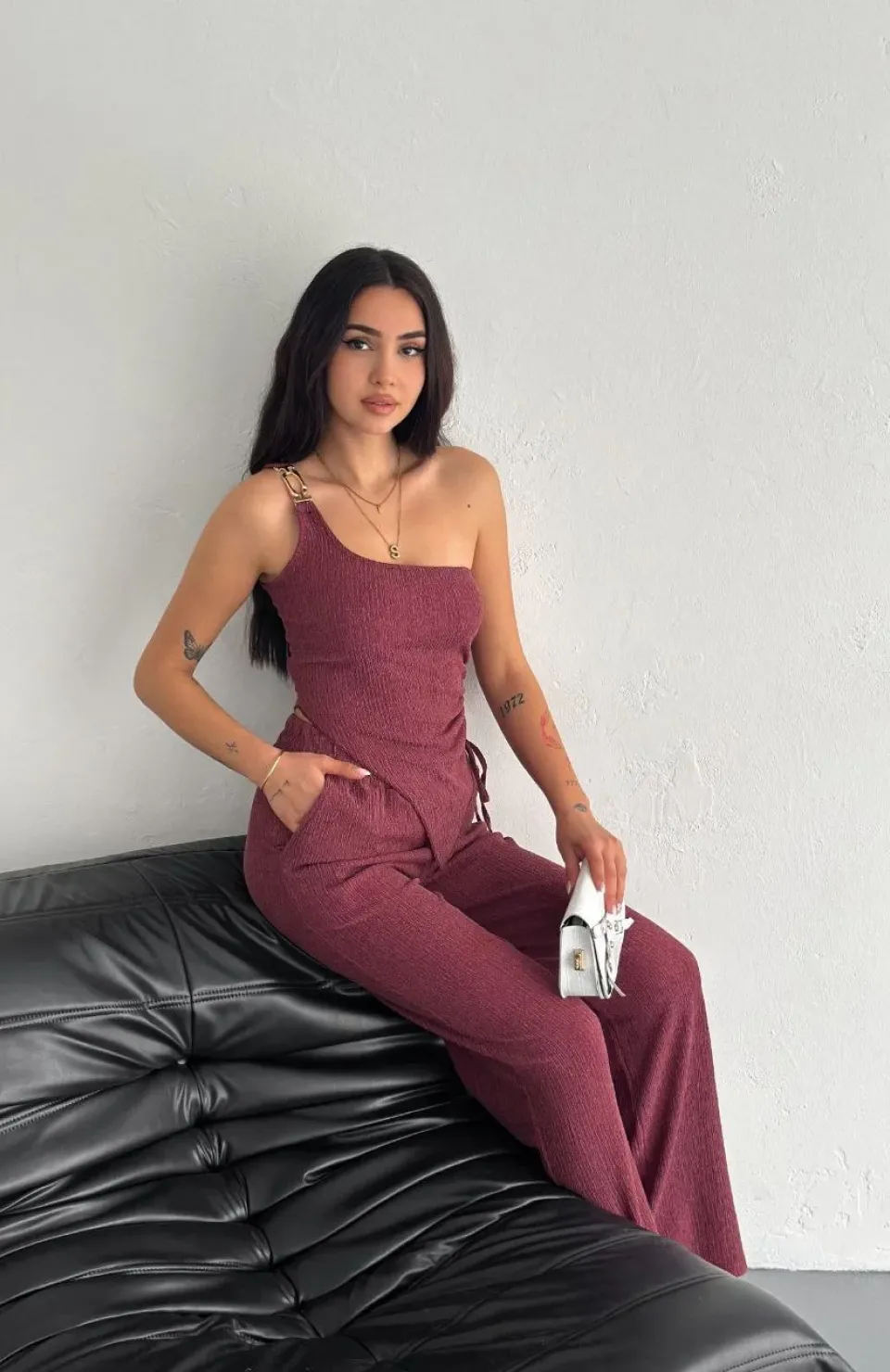 Asimetrik Crop Pantalon ikili Takım - Gül Kurusu