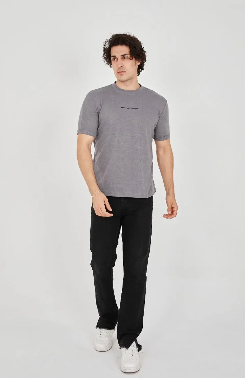 Unisex Jakar Kumaş Slim Fit T-Shirt - Boyalı Gri