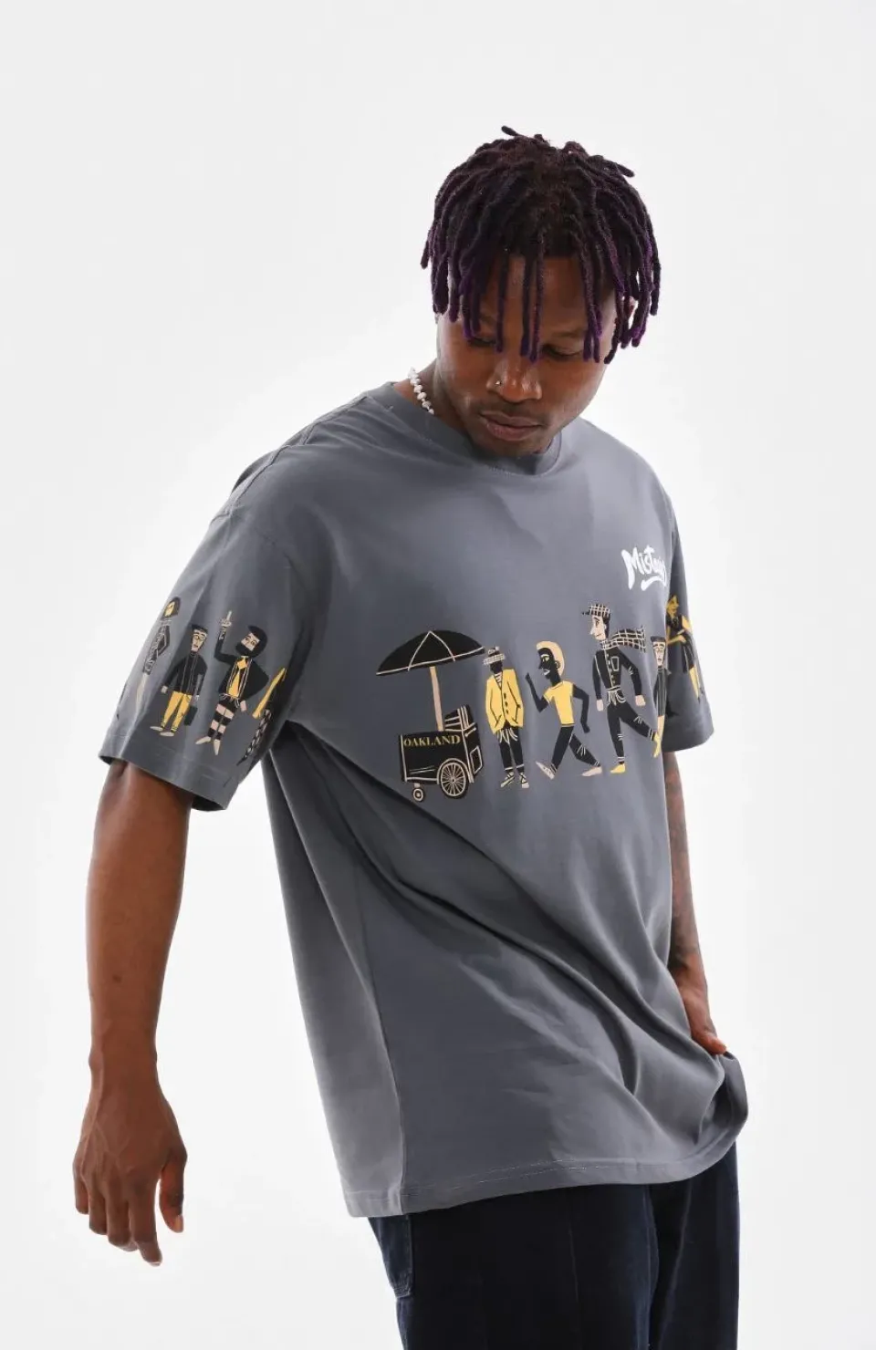 Unisex Bisiklet Yaka Baskılı Oversize T-Shirt - Gri