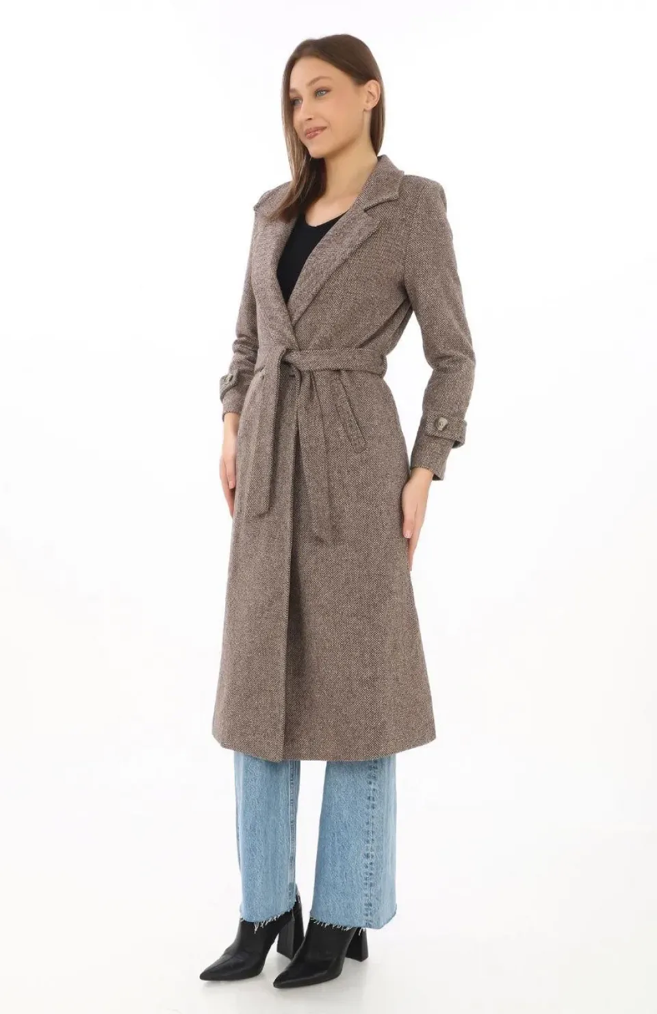 Kadın Astarlı Balık Sırtı Kaşmir Kaşe Kaban - Vizon