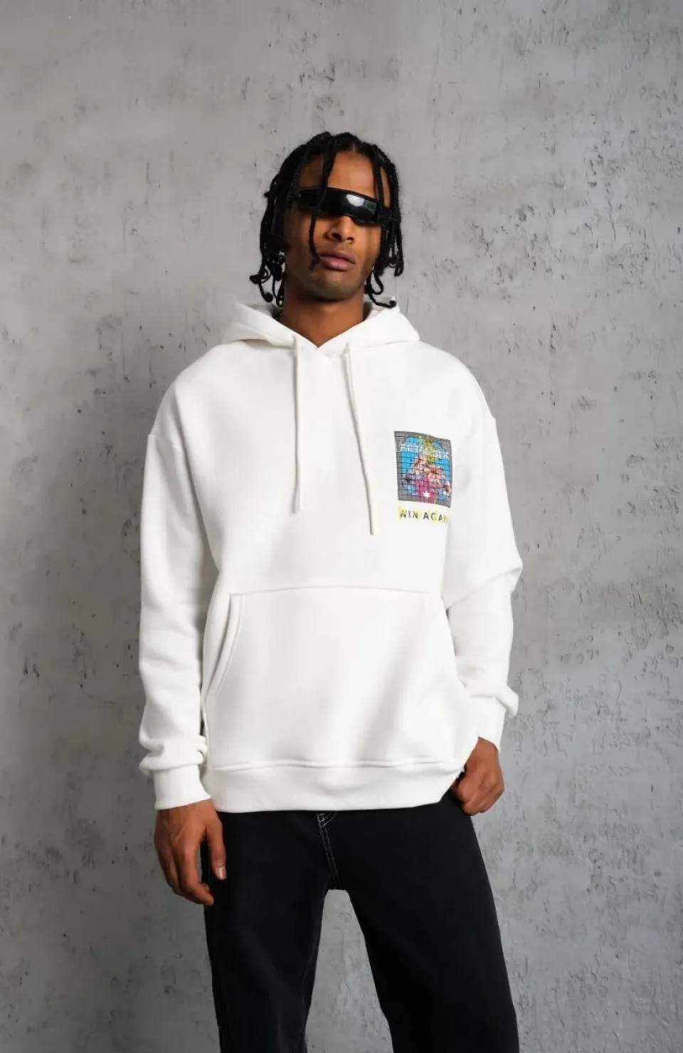 Erkek Patel Six Baskılı Kapüşonlu Sweat - Beyaz