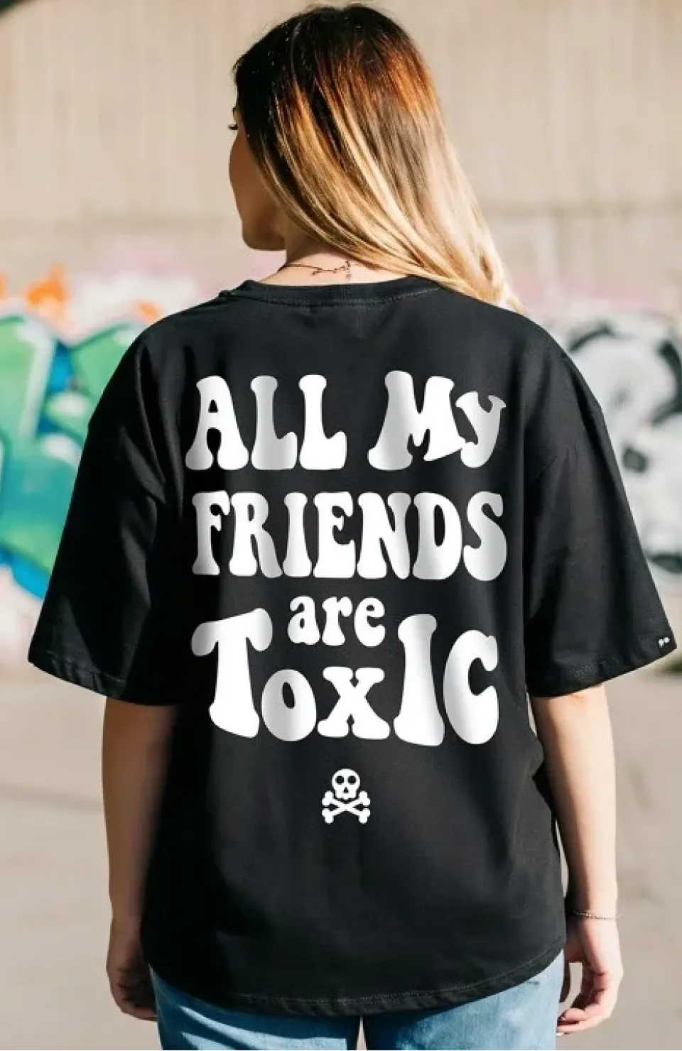 Kadın Baskılı Oversize T-shirt - Siyah