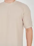 Unisex Waffle Kumaş Rahat Kol T-Shirt - Bej