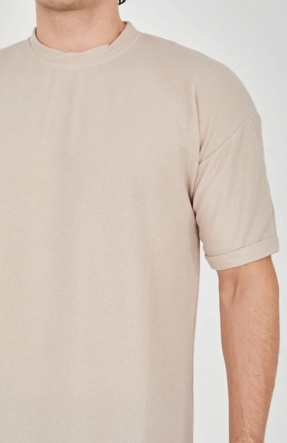 Unisex Waffle Kumaş Rahat Kol T-Shirt - Bej