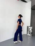 Osy Modal Yumuşak Dokulu Kumaş Kısa Kollu Crop Alt ispanyol Paça Pantalon ikili Takım - Lacivert