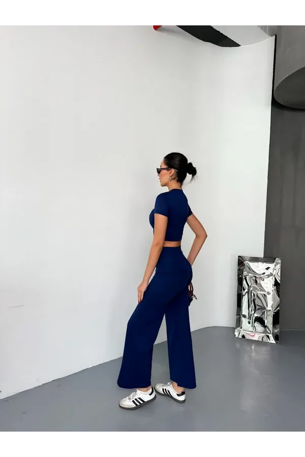 Osy Modal Yumuşak Dokulu Kumaş Kısa Kollu Crop Alt ispanyol Paça Pantalon ikili Takım - Lacivert
