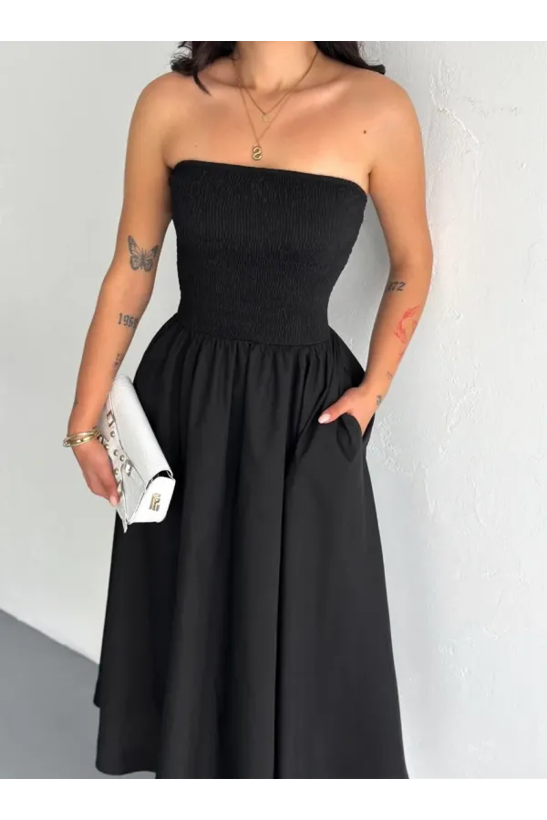 Straplez Pileli Elbise - Siyah