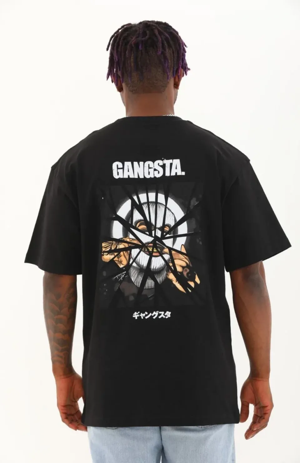 Unisex Oversize Baskılı Bisiklet Yaka T-Shirt - Siyah