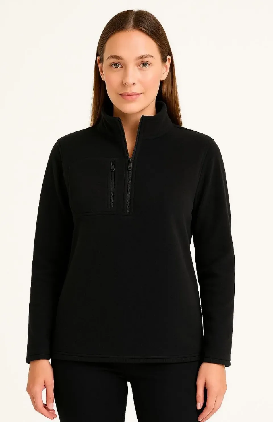 Kadın Polar Kazak – Dik Yaka, Yarım Fermuarlı, Fermuarlı Göğüs Cepli, Siyah Biyeli, Kışlık Rahat Regular Fit Günlük Model - Siyah