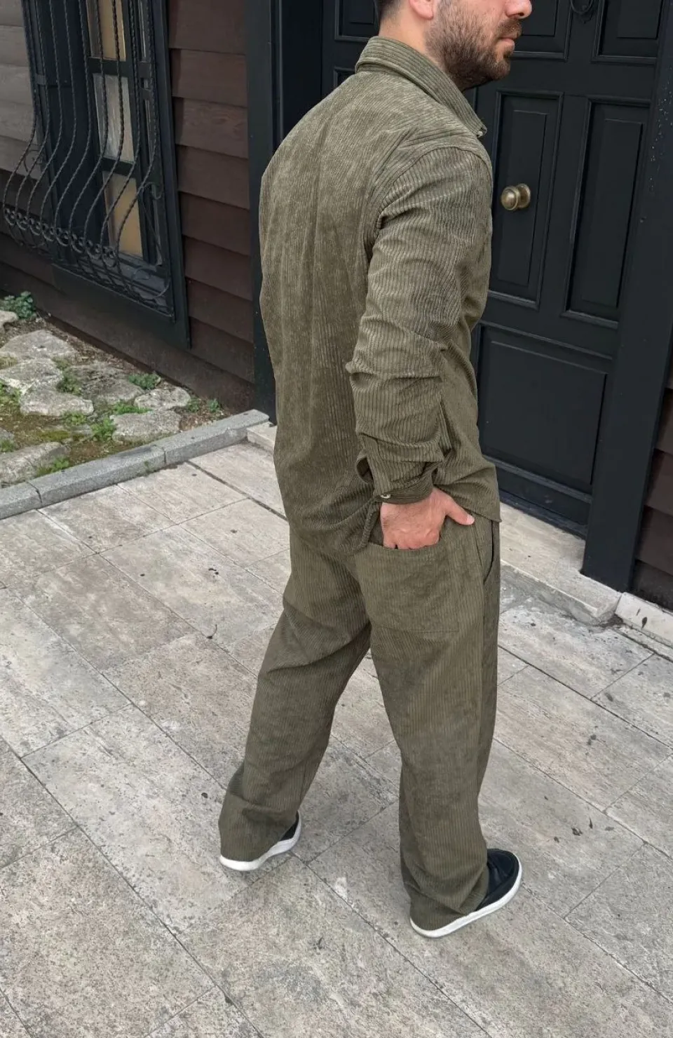 Erkek Fitilli Kadife Cepli Buggy Pantolon Oversize Rahat Kalıp - Haki