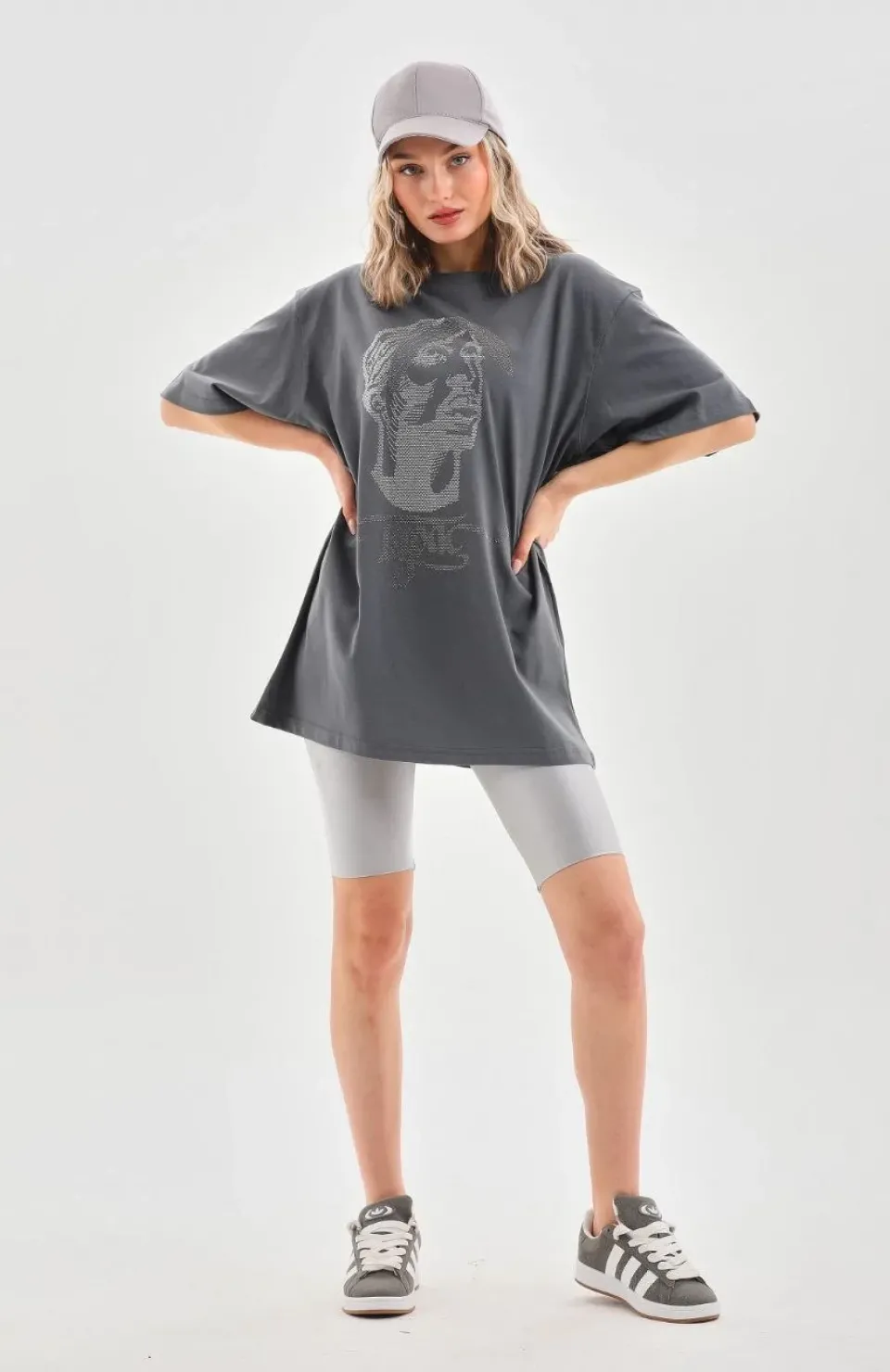 Unisex Taş Desenli Oversize T-Shirt - Füme