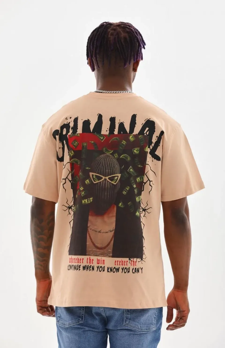 Unisex Baskılı Oversize T-Shirt - Bej