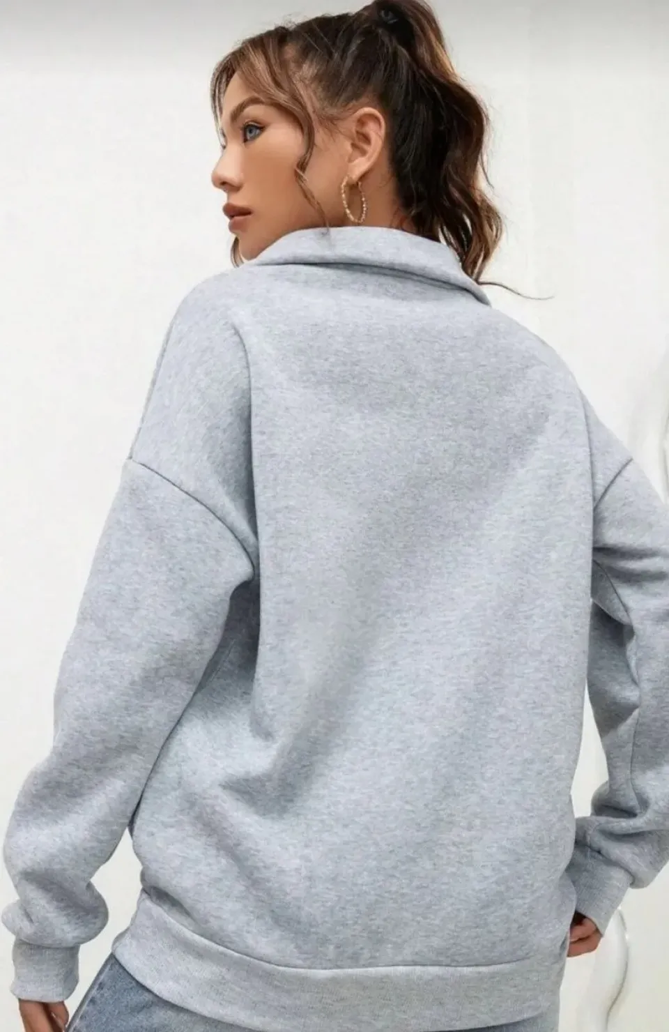 Unisex Uzun Kol Yarım Farmuarlı Yakalı Basic SweatShirt - Gri