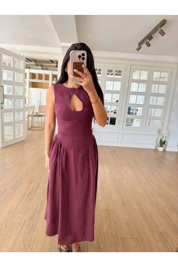 Kolsuz Uzun Kabardin Elbise - Bordo