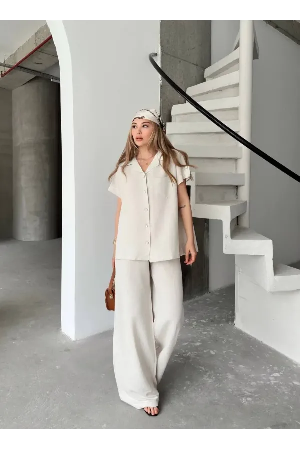 Keten Kısa Kollu Cepli Gömlek Pantolon ikili Takım - Beyaz