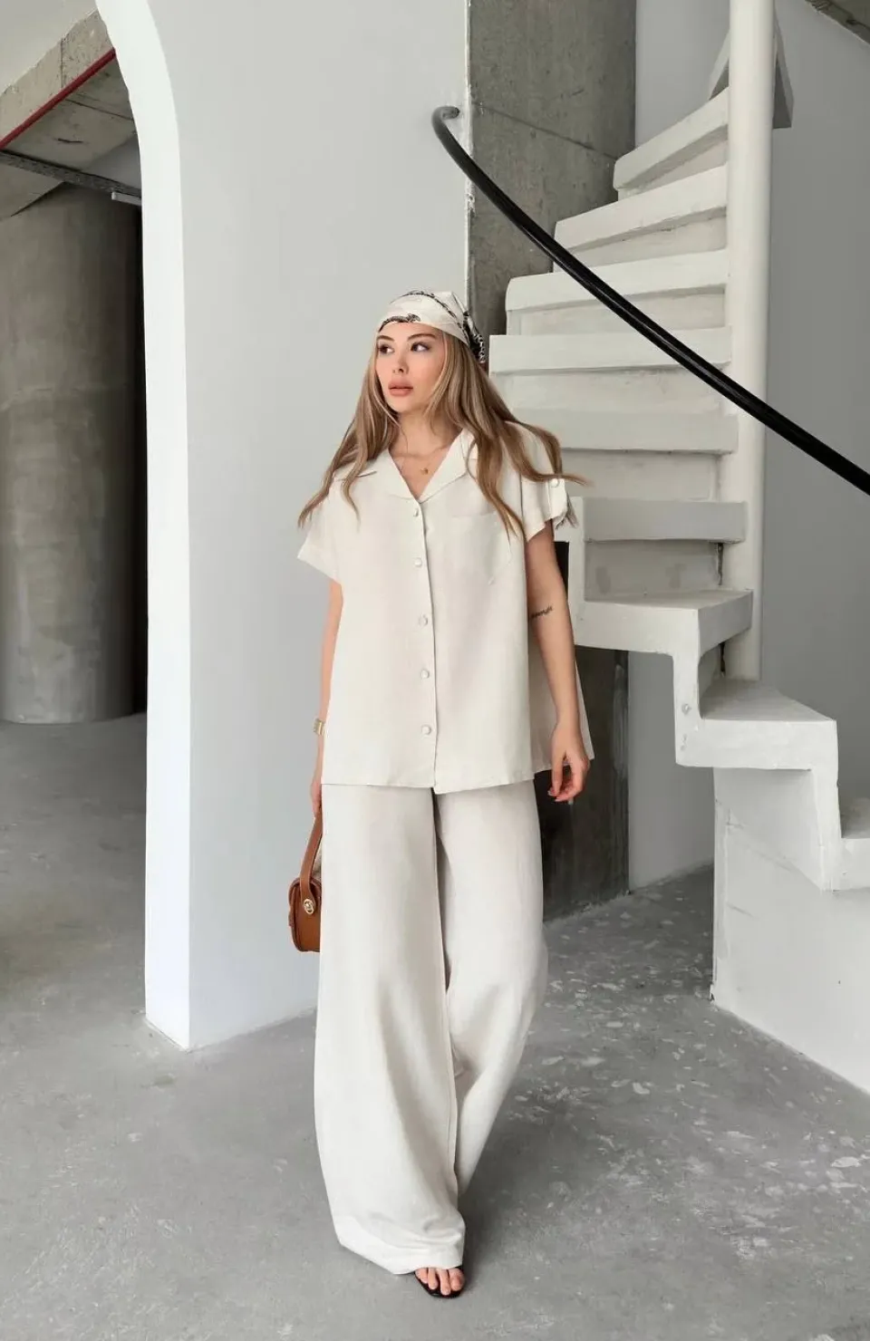 Keten Kısa Kollu Cepli Gömlek Pantolon ikili Takım - Beyaz