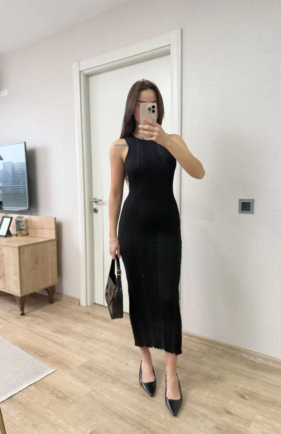 Fitilli Triko Elbise Kolsuz Sırtı Kapalı Maxi Uzun Boy - Siyah