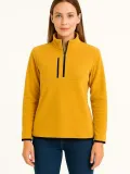 Kadın Polar Kazak – Dik Yaka, Yarım Fermuarlı, Fermuarlı Göğüs Cepli, Siyah Biyeli, Kışlık Rahat Regular Fit Günlük Model - Sarı