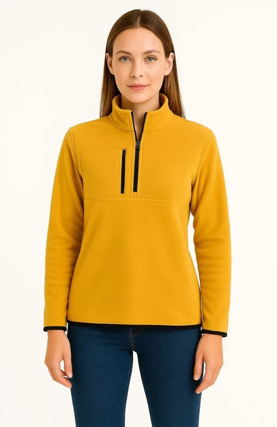 Kadın Polar Kazak – Dik Yaka, Yarım Fermuarlı, Fermuarlı Göğüs Cepli, Siyah Biyeli, Kışlık Rahat Regular Fit Günlük Model - Sarı