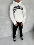 Unisex Üç İplik Kapüşonlu Baskılı SweatShirt - Beyaz