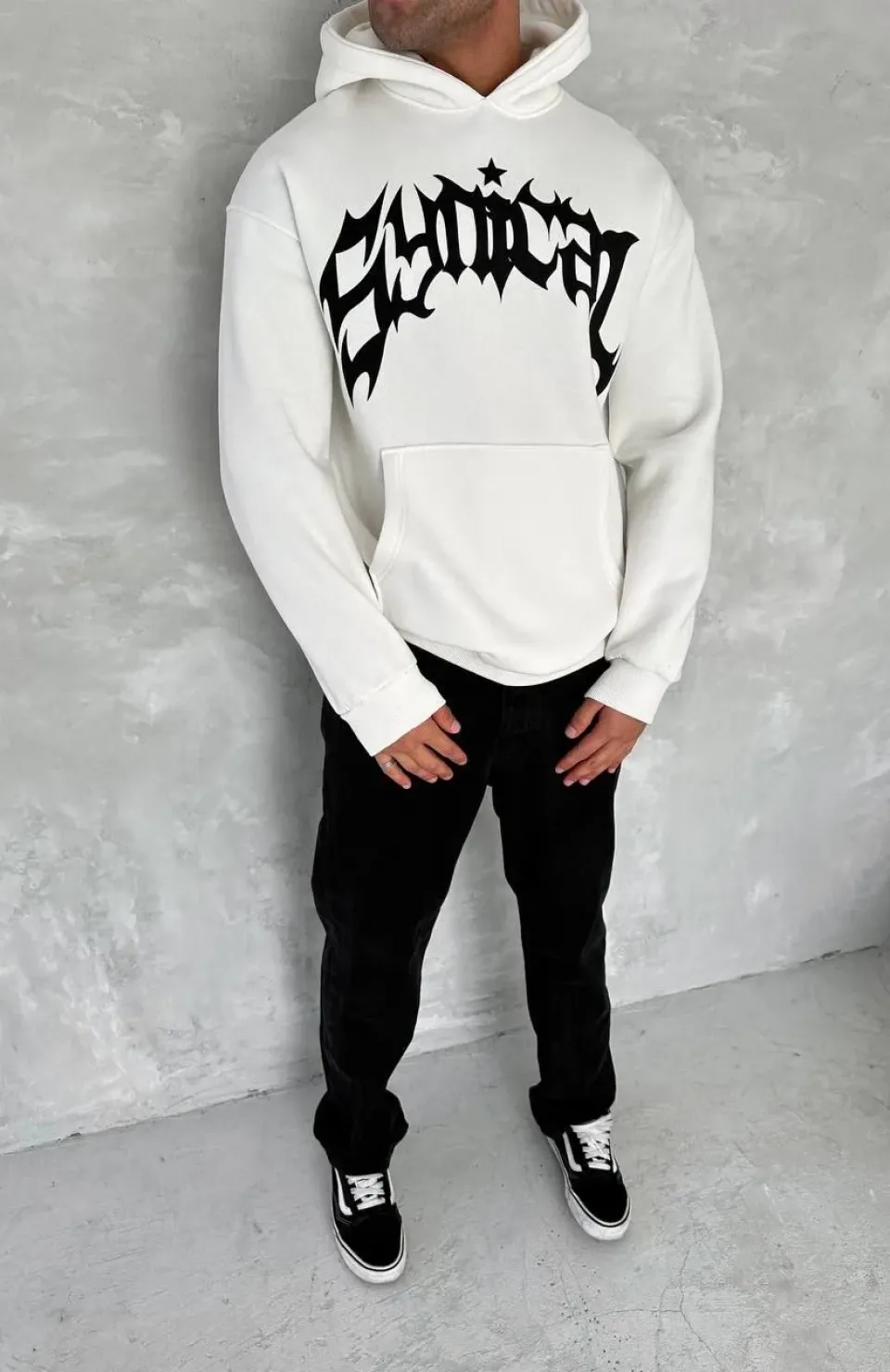 Unisex Üç İplik Kapüşonlu Baskılı SweatShirt - Beyaz