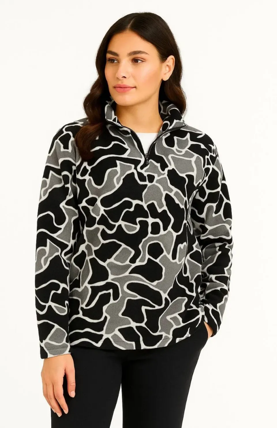 KADIN Yarım Fermuarlı Desenli Polar Sweat Yakalı, Uzun Kollu, Oversize Rahat Kalıp - Siyah