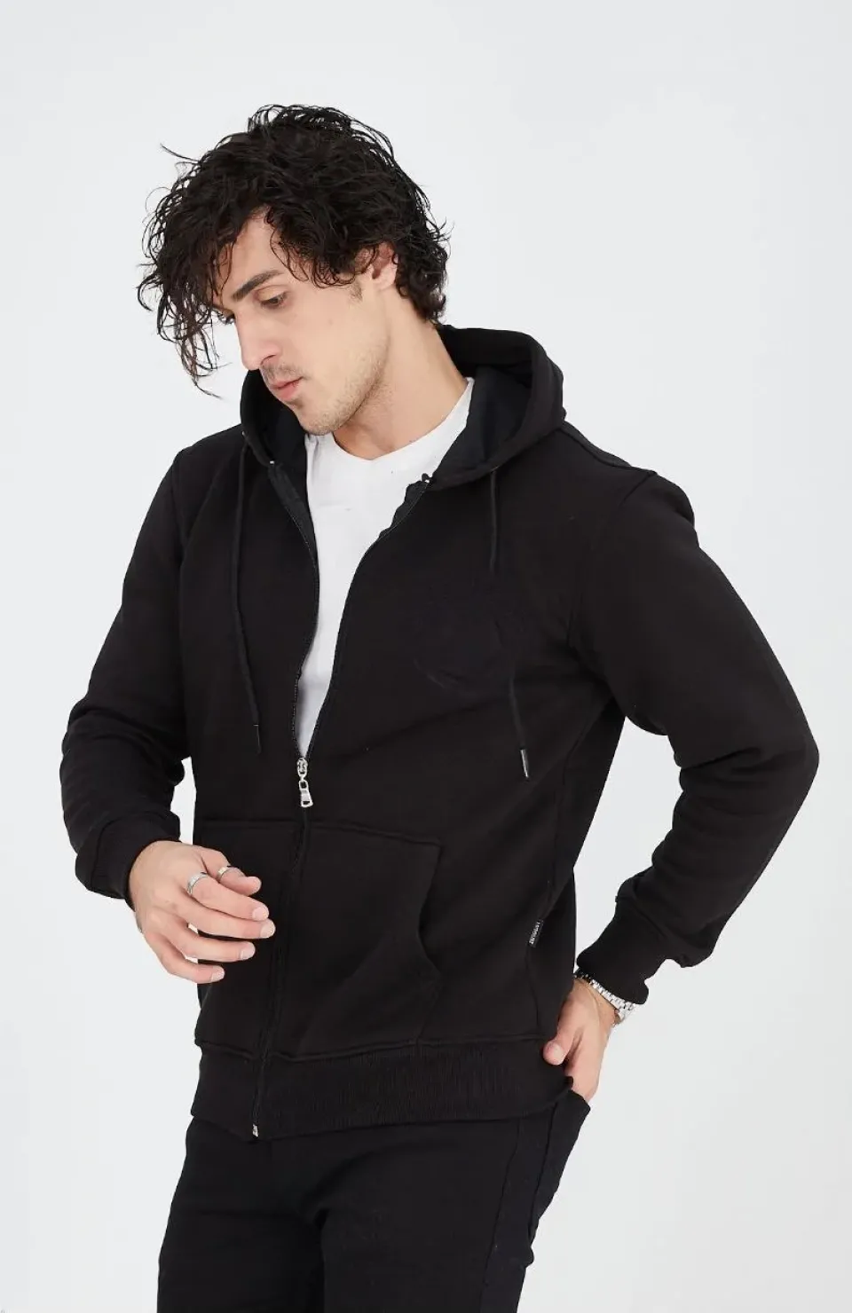 Unisex Tam Fermuarlı Kapşonlu  SweatShirt - Siyah