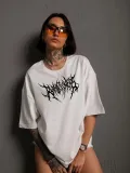 Unisex Bisiklet Yaka Baskılı Oversize T-Shirt - Beyaz