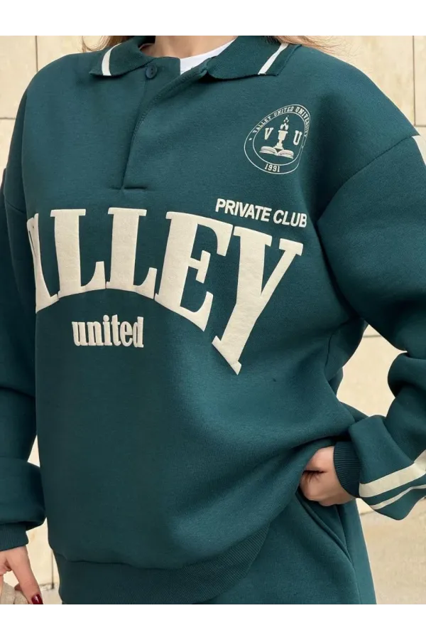 Üç İplik Yakalı Sweat Baggy Pantalonlu Takım - Yeşil