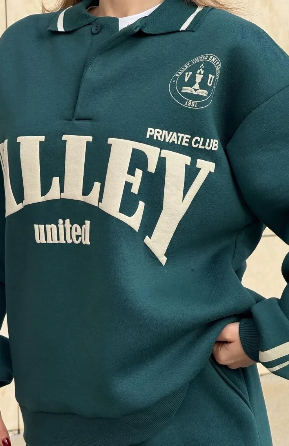 Üç İplik Yakalı Sweat Baggy Pantalonlu Takım - Yeşil